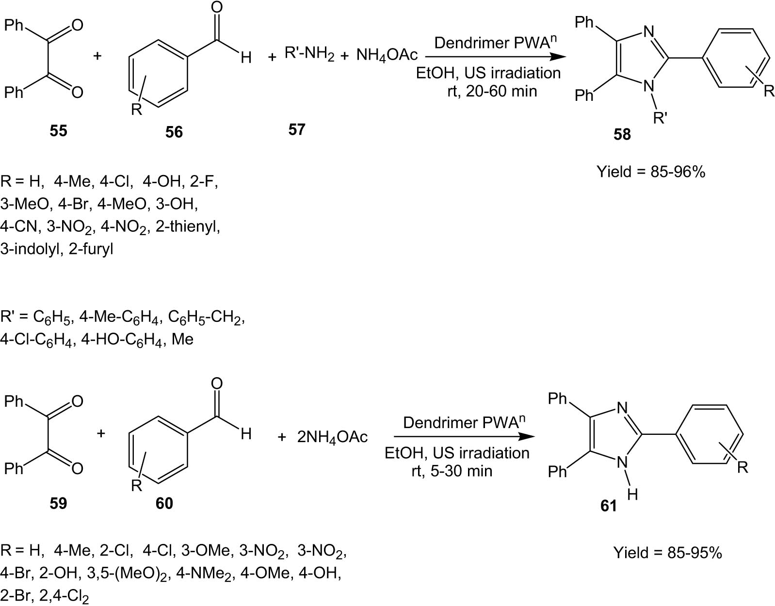 Scheme 15 
               Dendrimer PWAn-catalysed synthesis of imidazoles under ultrasonic irradiation.
            