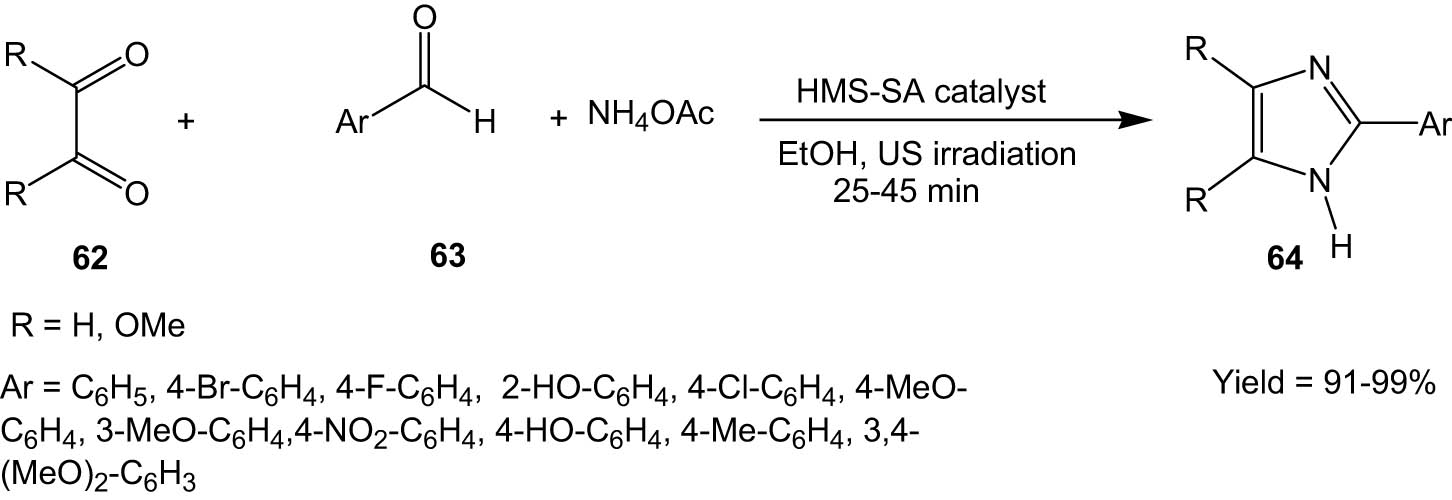 Scheme 16 
               HMS-SA-catalysed synthesis of imidazoles from 1,2-diketones and aldehydes under ultrasonic irradiation.
            