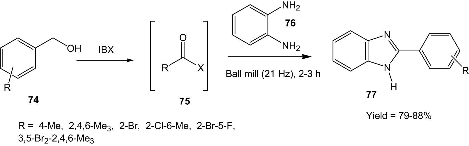 Scheme 20 
               One-pot synthesis of benzimidazoles from benzyl alcohols and o-phenylene diamine under ball milling.
            