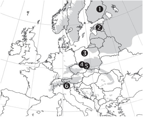 Figure 1 The distribution map of Norway spruce (Picea abies) and sampling locations, source: EUFORGEN 2009, www.euforgen.org.