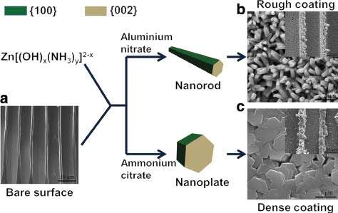 Figure 1: Schematic illustration of the shape selective deposition of ZnO nanostructures on the wood surface. SEM image of an unmodified Norway spruce surface (a), ZnO nanorod array coating formed in the presence of aluminium nitrate (b) and the dense ZnO coating with platelet like structure (c). The insets in (b) and (c) are the corresponding low magnification SEM images.