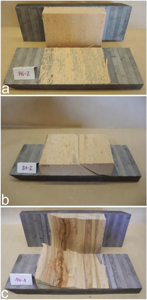 Figure 4: Typical fracture appearances of beech specimens tested in rolling shear, dependent upon sawing pattern: (a) quarter-sawn, (b) semi-quarter-sawn, (c) including pith.