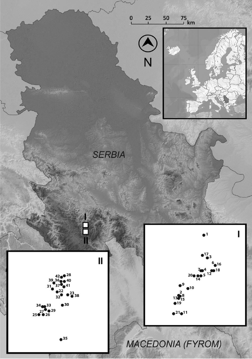 Figure 2: Locations of the studied populations: I – A. glutinosa (Rimski most: 43°28′09.2″N, 20°14′05.9″E; 640 m; n=21 trees); II−A. incana (Sastavci: 43°27′38.5″N, 20°13′22.0″E; 670 m; n=21 trees).