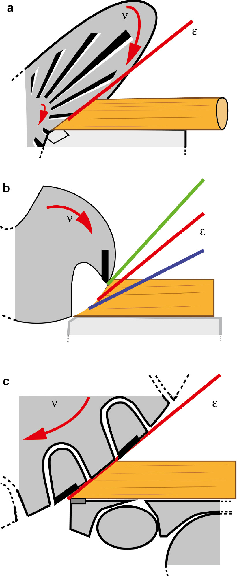 Figure 1: Simplified scheme of wood chippers.(a) A disc chipper (three-dimensional to show the change in velocity, ν, over the knives), (b) a conventional drum chipper, and (c) the novel drum chipper. The cutting/spout angle ε (the angle between the cutting direction and the fiber direction) is constant for a disc chipper (a), highly variable for a conventional drum chipper (b), and almost constant for the novel drum chipper (c). This is indicated by red lines (desired cutting angles), a blue line (smaller cutting angle), and a green line (larger cutting angle).