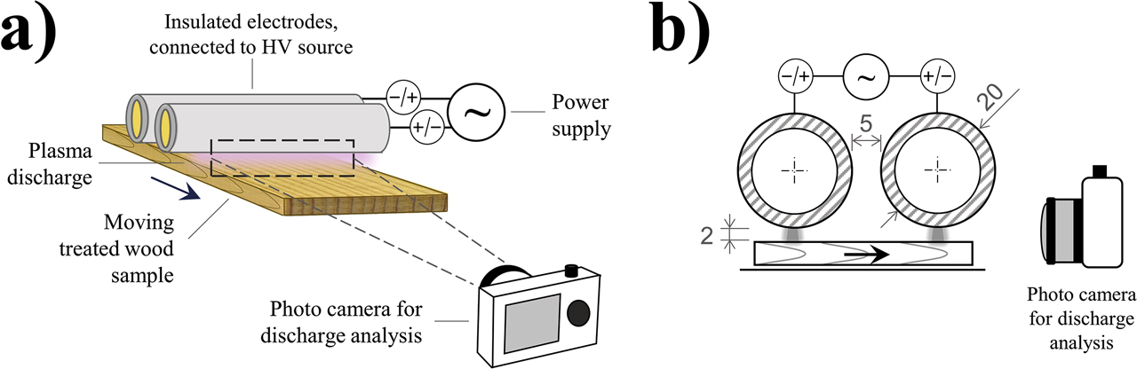 Figure 1: Schematic representation of FE-DBD plasma treatment process of wood, and photographic setup: 3D view (a) and side view with dimensions in mm (b).