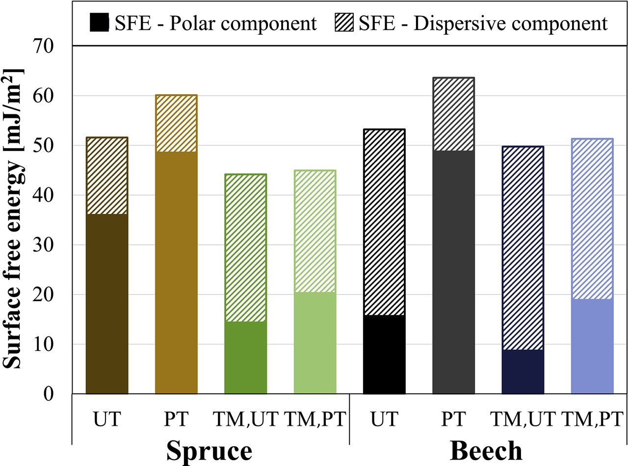 Figure 5: Calculated SFE of untreated (UT) and plasma-treated (PT) unmodified and thermally modified (TM) spruce and beech wood. The solid part of the colums represents the polar part of the SFE, while the hatched part represents the dispersive component of the SFE.