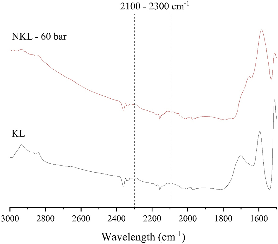 Figure 5:
Section of the FTIR spectra (baseline corrected) for kraft lignin (KL) and for the ammoxidated kraft lignin (NKL) for the cultivation tests. The wavelength range corresponding to the presence of nitriles is highlighted.