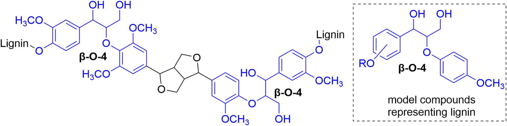 Figure 1:
Structures of lignin rich with β–O–4 linkages and the lignin model compounds studied in this work.