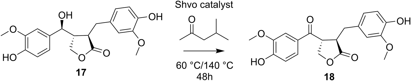 Scheme 5:
Shvo-catalyzed transfer dehydrogenation of 7-hydroxymatairesinol.