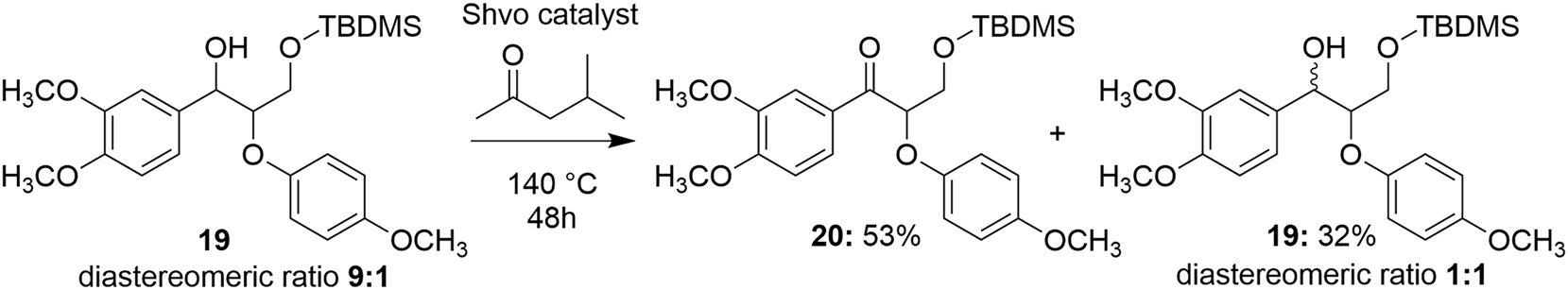Scheme 6:
Shvo-catalyzed transfer dehydrogenation of 3-((tert-butyldimethylsilyl)oxy)-1-(3,4-dimethoxyphenyl)-2-(4-methoxyphenoxy)propan-1-ol.