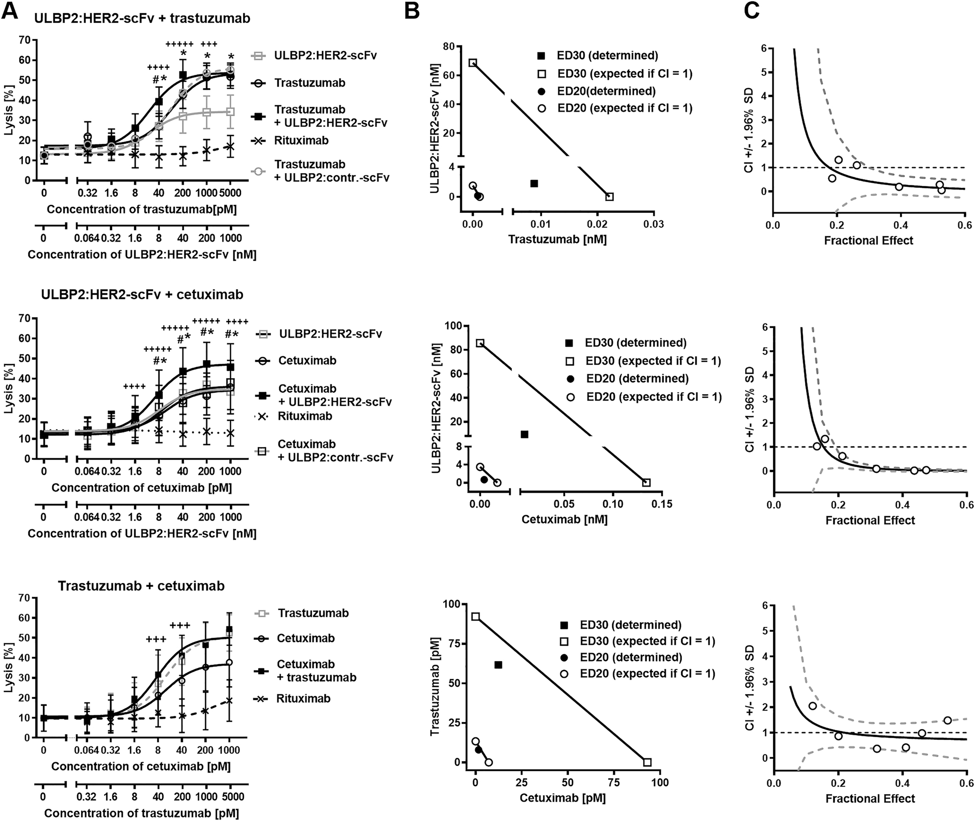 Figure 4: 
ULBP2:HER2-scFv enhances ADCC by therapeutic antibodies synergistically.
(A) Dose-dependent killing of SK-BR-3 cells by combinations of ULBP2:HER2-scFv and trastuzumab (top panel; n = 6) or cetuximab (middle panel, n = 5). As a control, trastuzumab was combined with cetuximab (bottom panel, n = 3). The indicated “n” denotes the number of different donors analyzed in independent experiments. MNC served as source of effector cells, the E:T cell ratio was 80:1. Statistically significant differences between lysis induced by the combination and either the antibody (#
P < 0.05) or ULBP2:HER2-scFv (*P < 0.05) alone are indicated. CI values < 1 indicating synergy are indicated (+++++, CI < 0.1; ++++, CI < 0.3; +++, CI < 0.7). (B) Analysis of synergy by isobolograms. The experimentally determined doses resulting in 20% (ED20) or 30% (ED30) target cell lysis were compared with the calculated doses which were expected, if additive effects were assumed (CI = 1). (C) CI values at varying fractional effects. Actual combination data points (open circles) represent mean values of at least four independent experiments [black line, computer simulated CI values; dashed grey line, SD; dashed black line, line of additivity (CI = 1)].
