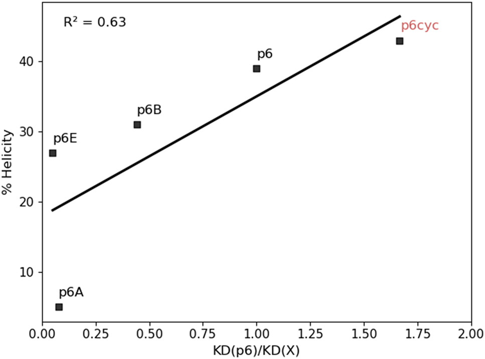 Figure 5: 

K
D
p6/K
D
X ratios obtained from MST experiments with respect to the % helical content measured from CD spectra of peptides in PBS:TFE (1:1) solution. P6-cyc is highlighted in red.
