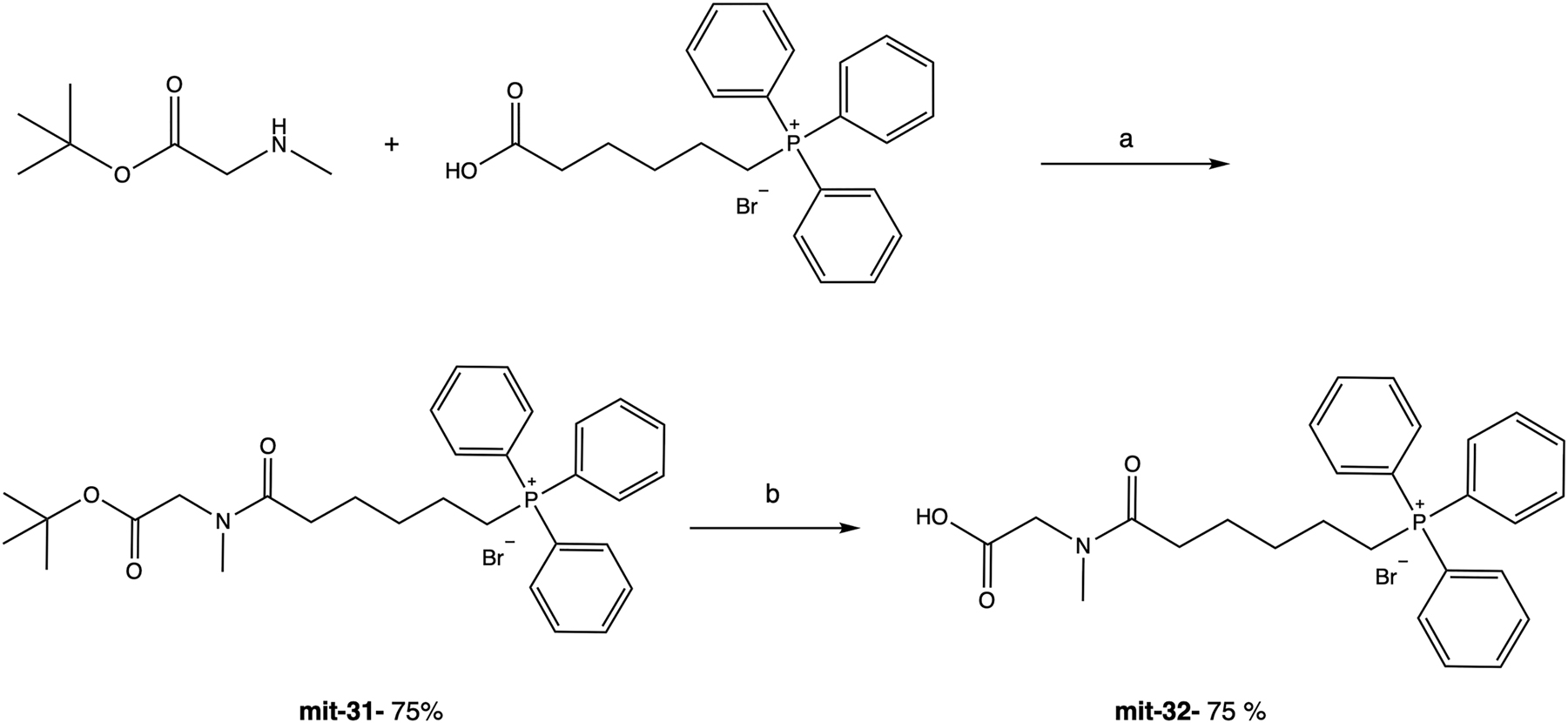 Figure 4:
Synthesis pathway of mit-32. Reagents and conditions: (a) PyBOP, DIEA, DCM, rt, 4 h; (b) TFA, rt, 1 h.