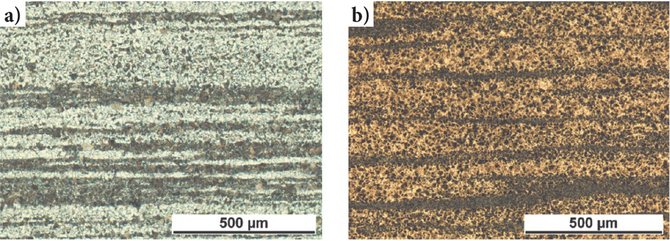 Fig. 2 Microstructural inhomogeneities caused by segregation a) ferrite/pearlite bands in semi-finished 20MnCr5, b) fibres in martensitic hardened 100Cr6Bild 2. Durch Seigerungen bedingte Gefügeinhomogenitäten a) Ferrit/Perlit-Zeilen in Halbzeug 20MnCr5, b) Fasern in martensitisch gehärtetem 100Cr6