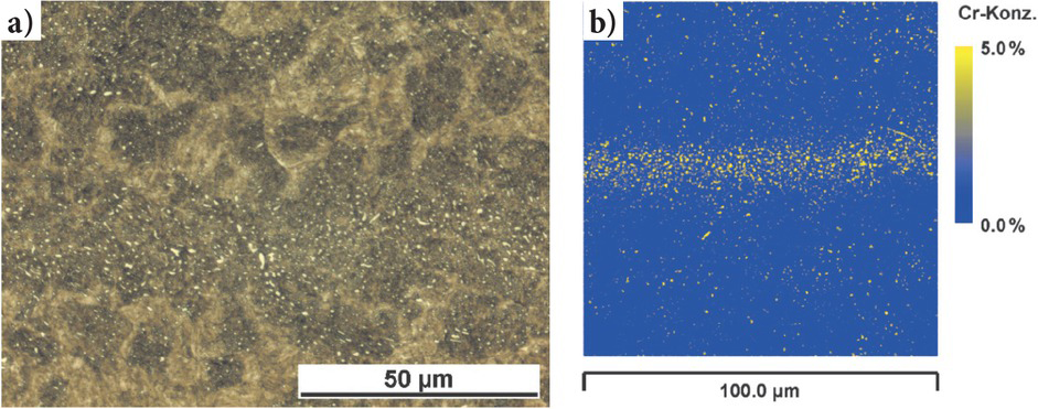 Bild 5 Chromreiche Karbidzeilen in gehärtetem 100Cr6 a) metallographische Mikroaufnahme (Nital-Ätzung) und b) Mikrosondenmessung von CrFig. 5. Chromium-rich carbide bands in hardened 100Cr6 a) metallographic micrograph (Nital etching) and b) microprobe measurement of Cr