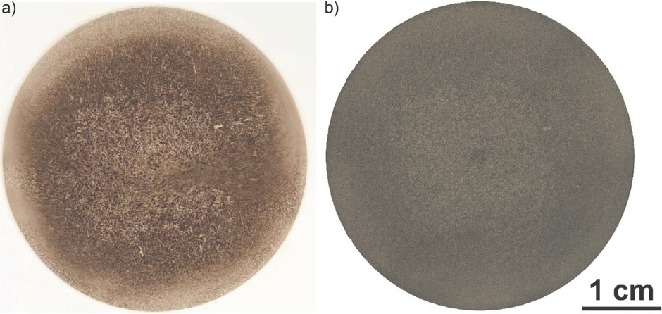 Fig. 6 a) Baumann imprint and b) macrograph on the same transverse section of a 20MnCr5 semi-finished barBild 6. a) Baumannabdruck und b) Makroaufnahme am selben Querschliff von einer Halbzeugstange 20MnCr5