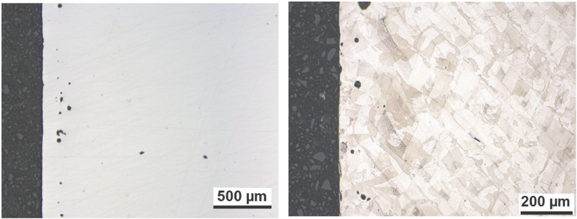Abb. 3 Querschliff durch additiv gefertigten Stahl 316 L (links: ungeätzt, mit geringer Restporosität; rechts: Mikrostruktur nach Ätzung Adler, 10 s bei RT)