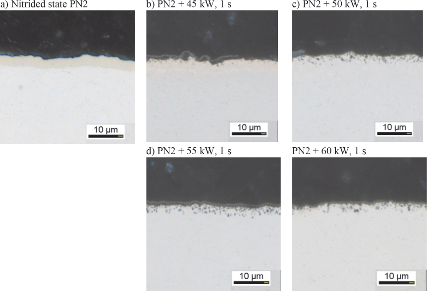 Fig. 4 
Unetched cross sections of the initial state (PN2) and after induction hardening of the nitrided material EN31CrMoV9 with different generator powers
Bild 4. Ungeätzte Querschliffe des Ausgangszustands (PN2) und nach dem Induktionshärten des nitrierten Werkstoffs EN31CrMoV9 mit unterschiedlichen Generatorleistungen
