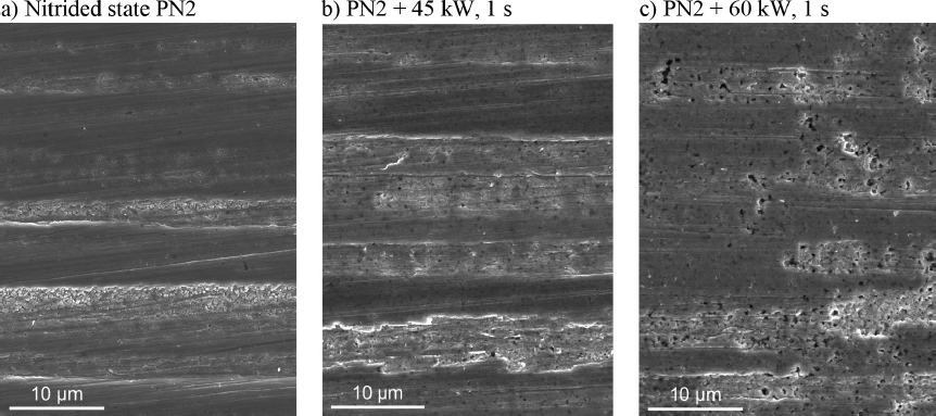 Fig. 5 
SEM-images of the surface a) of the initial state (PN2) and after induction hardening of the nitrided material EN31CrMoV9 with different generator powers b) 45 kW and c) 60 kW
Bild 5. REM-Aufnahmen der Oberfläche a) des Ausgangszustands (PN2) und nach dem Induktionshärten des nitrierten Werkstoffs EN31CrMoV9 bei unterschiedlichen Generatorleistungen b) 45 kW und c) 60 kW
