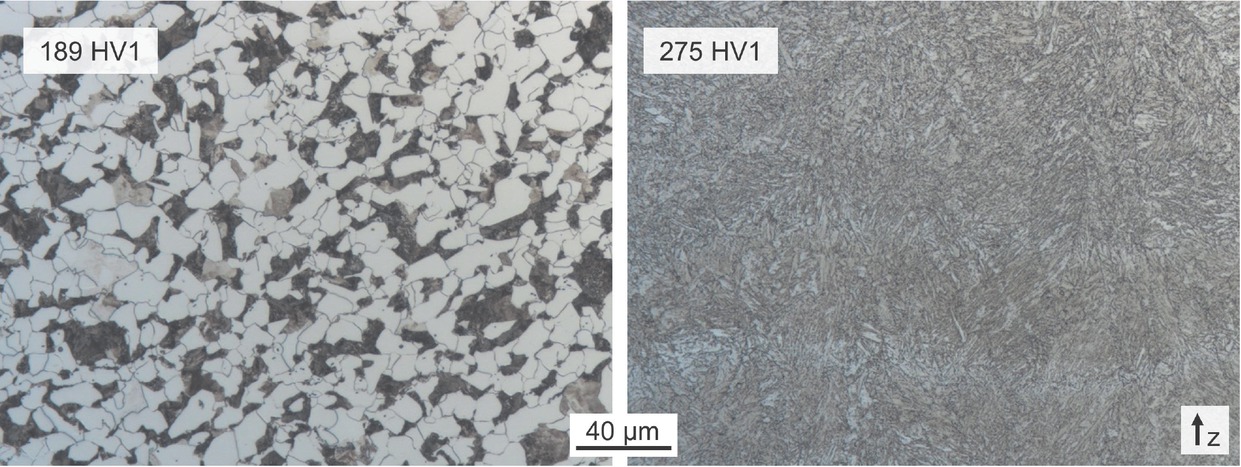 Fig. 4 Initial microstructure of the conventional (left) and the stress reliefed PBF-LB/M (right) material 20MnCr5
Bild 4. Ausgangsgefüge des konventionellen (links) und des spannungsarmgeglühten PBF-LB/M- (rechts) Werkstoffs 20MnCr5
