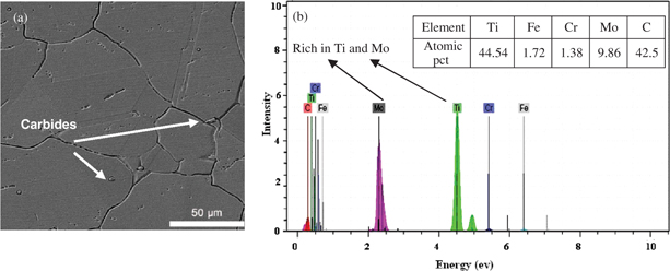 Figure 1 (a) SEM micrograph of as-heat-treated microstructure of Incoloy 901 superalloy containing 0.02 wt% carbon and (b) SEM-EDS spectra from particle 1.