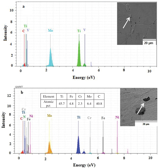 Figure 3 SEM micrograph showing carbides in Incoloy 901 alloys with (a) 0.05 wt% and (b) 0.09 wt% carbon with corresponding SEM-EDS spectra.