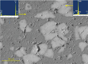 Figure 5 SEM image and elemental analysis of different phases in CrB2 composite prepared by addition of 20% Nb