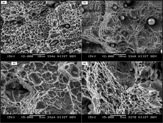 Figure 8: Fractographs of tensile specimens: (a) and (c) base metal, and (b) and (d) welded metal.