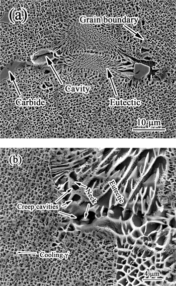 Figure 6: Microstructure characteristics of different HIP samples. (a) 1,220°C/200 MPa/4 h; (b) 1,250°C/200 MPa/4 h.