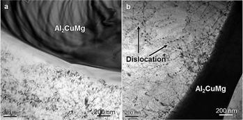 Figure 7: TEM micrographs of the dislocation distribution of different samples: (a) without ultrasonic treatment and (b) with ultrasonic treatment.