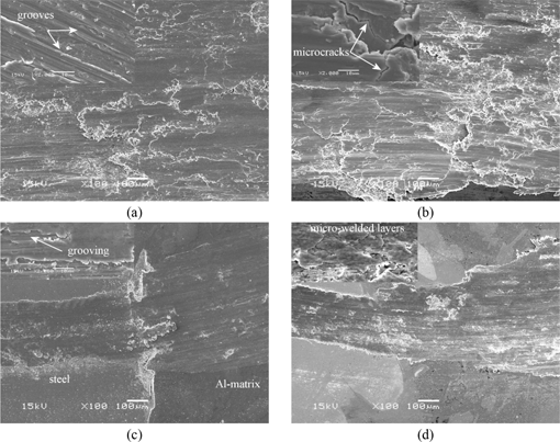 Figure 6: SEM micrographs showing the worn surfaces of cast A7075 (a and b) and A7075/SAF 2025 composite (c and d) materials contacted with 100Cr6 (a and c), ZrO2 counterpart (b and d).