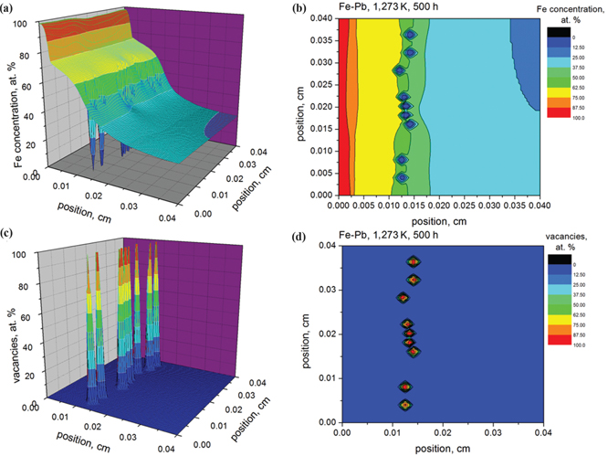 Figure 4: The simulation results of the Fe concentration (a)–(b) and voids formation (vacancies evolution) (c)–(d) in Fe-Pd system after annealing at 1,273 K for 500 h.
