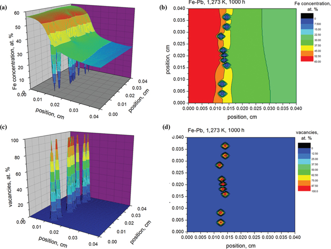 Figure 5: The simulation results of the Fe concentration (a)–(b) and voids formation (vacancies evolution) (c)–(d) in Fe-Pd system after annealing at 1,273 K for 1,000 h.
