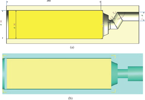 Figure 1: Schematic diagrams of longitudinal section (unit: mm): (a) ES die structure and (b) direct extrusion structure.