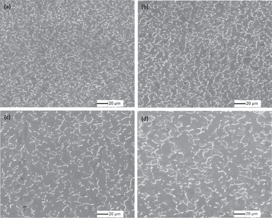Figure 7: Ti-6Al-4V microstructures near fracture surface after hot tensile deformation (a) 3.0 mm/min, (b) 1.2 mm/min, (c) 0.6 mm/min, (d) 0.3 mm/min.