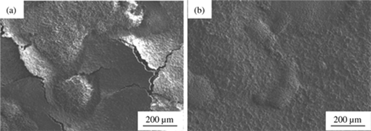 Figure 7: Surface morphology for 510L steel at different cooling rates. (a) Cooling rate from 850 °C to 600 °C at 50 °C/s and then from 600 °C to 550 °C at 5 °C/s; (b) Cooling rate from 850 °C to 550 °C at 20 °C/s.