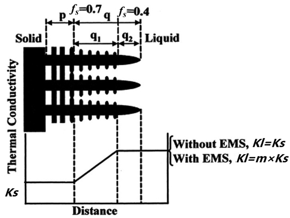 Figure 4: Schematic illustration of solid–liquid coexisting zones during the solidification of steel.