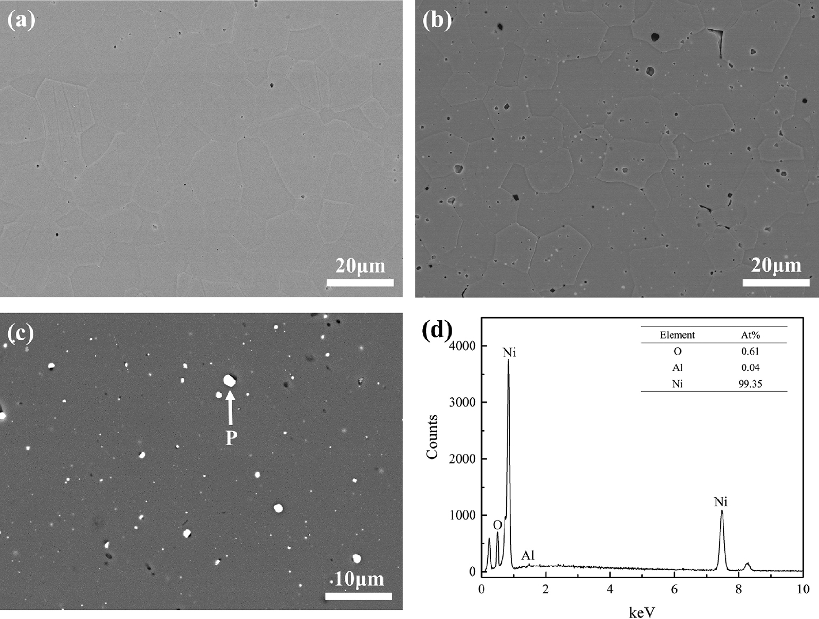 Figure 1: Microstructure of synthesized sample with (a) None, (b) 2 %NiO, and (c) 5 %NiO NiO additive, (d) EDS result of P point in (c).