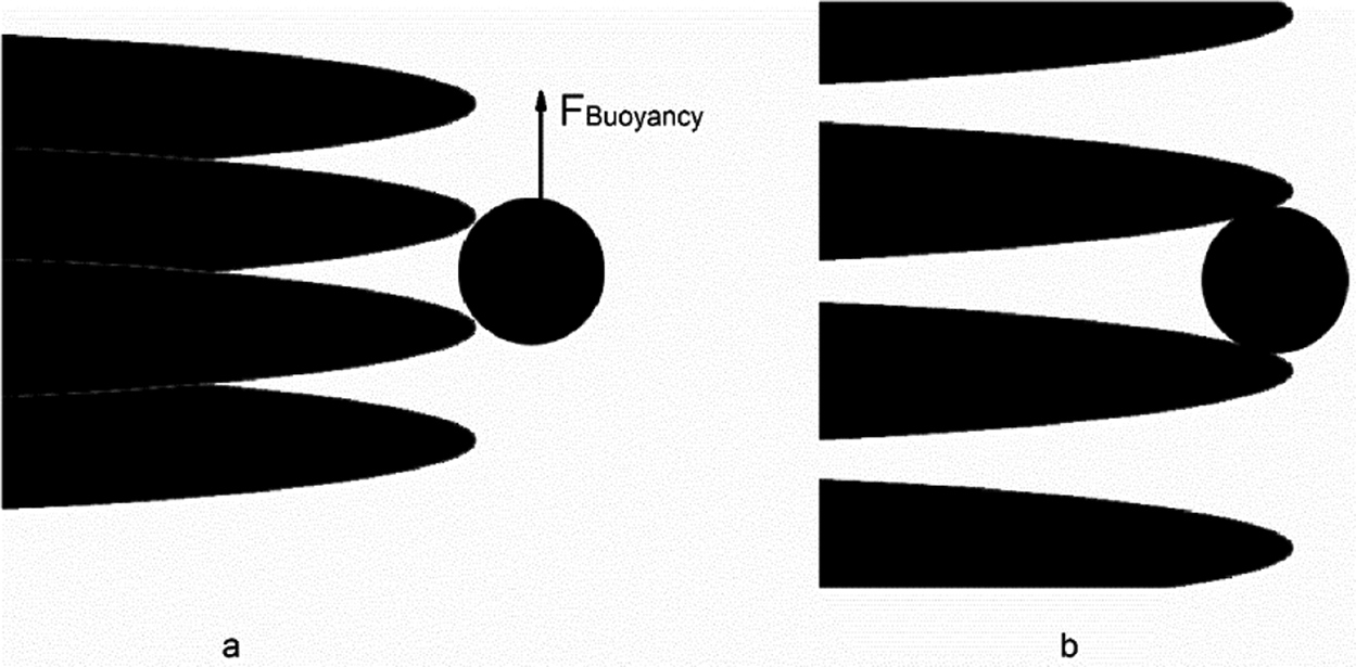 Figure 7: Schematic drawings of the solidification front capturing the inclusion: the local PDAS is less than the inclusion diameter (a) and larger than the inclusion diameter (b).