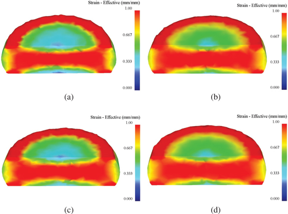 Figure 11: The effective strain distributions under the temperature of 1203 K and strain rate of (a) 0.01 s−1, (b) 0.1 s−1, (c) 1 s−1 and (d) 10 s−1.
