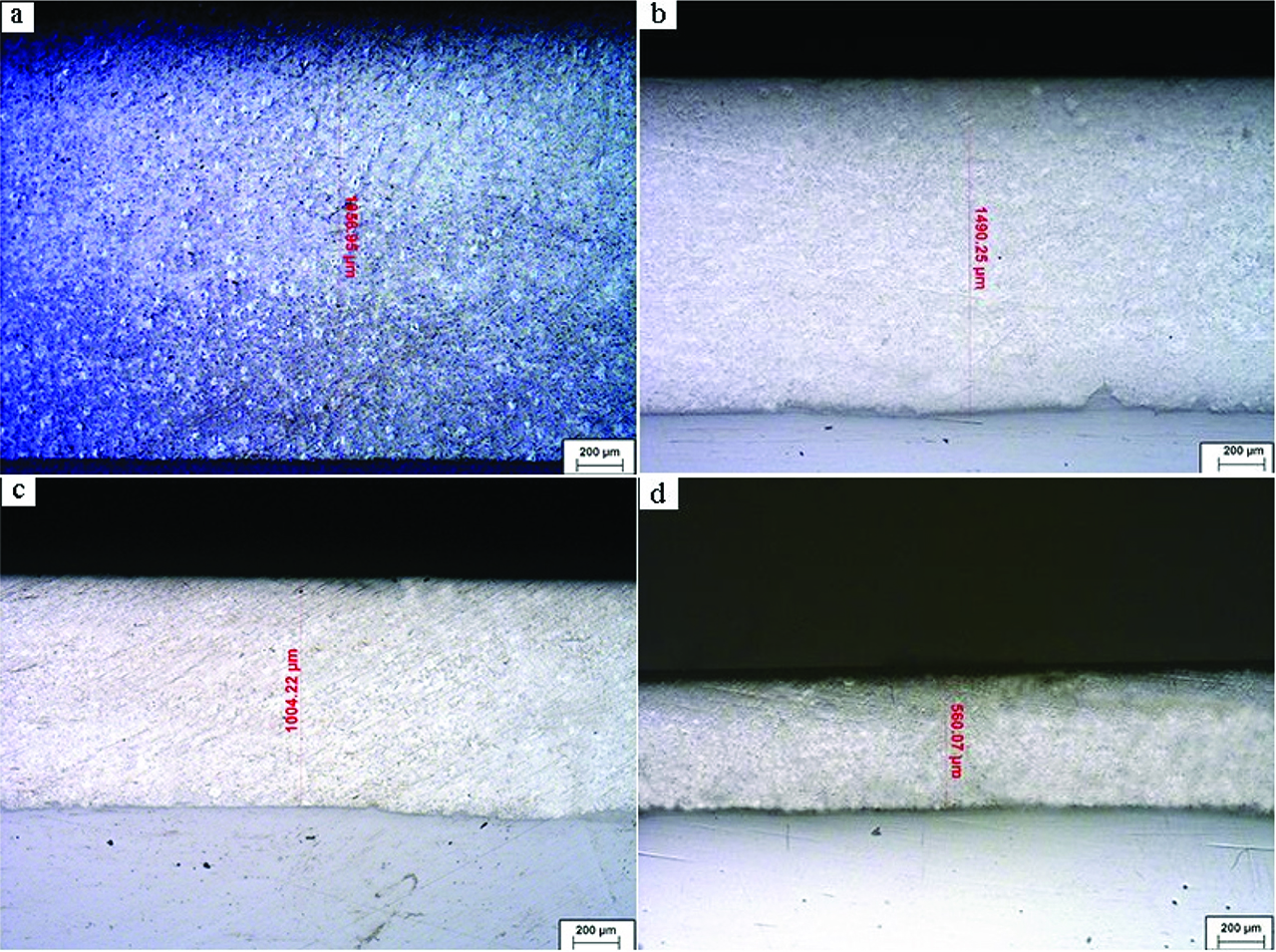 Figure 4: Structure morphology of different layer thickness: a) 2 mm, b) 1.5 mm, c) 1 mm, d) 0.5 mm.