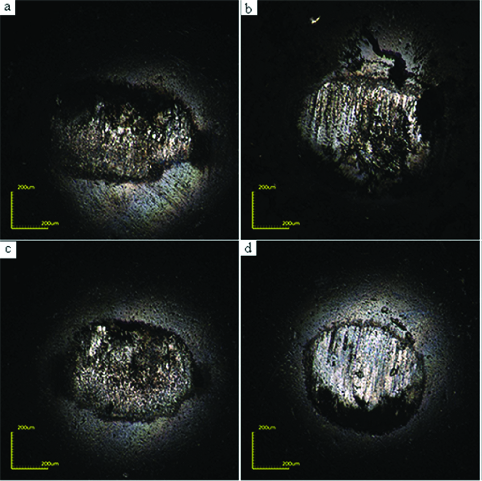 Figure 8: Wear morphology of different layer thickness: (a) 2 mm, (b) 1.5 mm, (c) 1 mm, (d) 0.5 mm.
