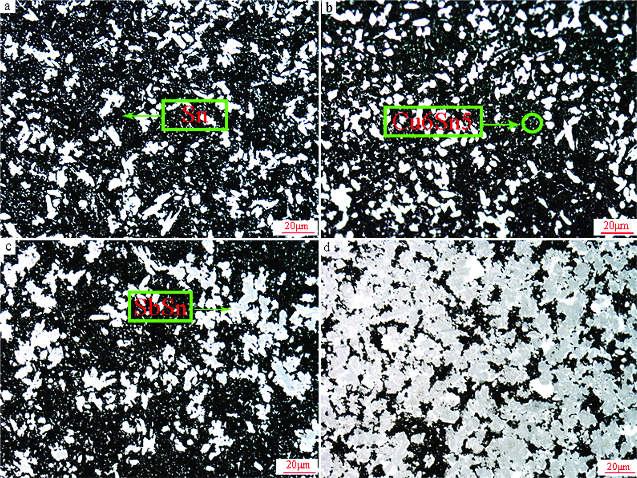 Figure 9: Microstructure of tin-based babbit at different layer thickness: a) 2 mm, b) 1.5 mm, c) 1 mm, d) 0.5 mm.