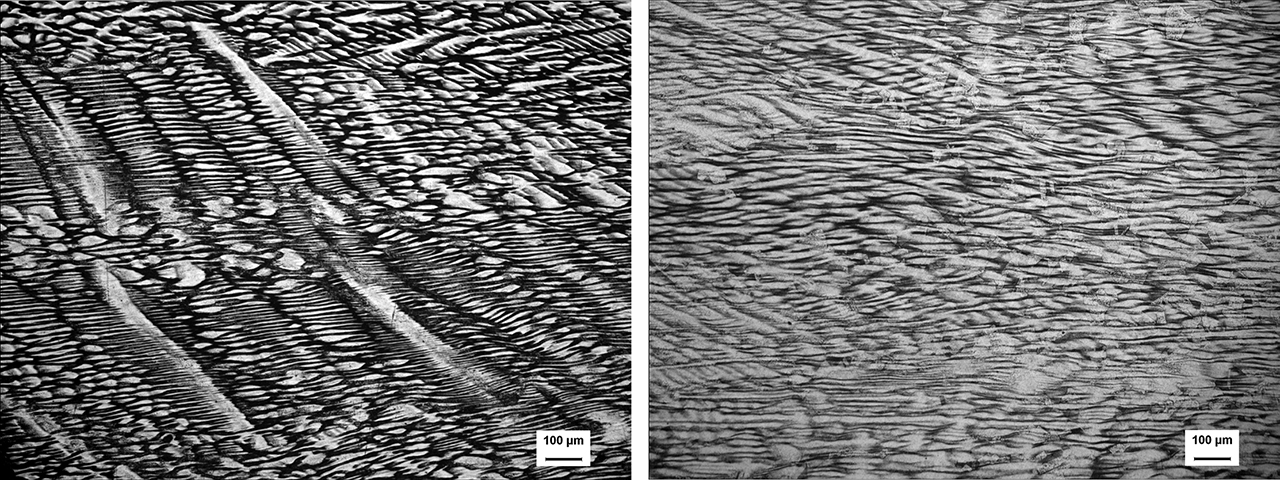 Figure 8: Metallographic structure of BFe10-1-2 alloy under the deformation condition of (a) 1,023 K 0.01 s−1, (b) 1,223 K 0.1 s−1.