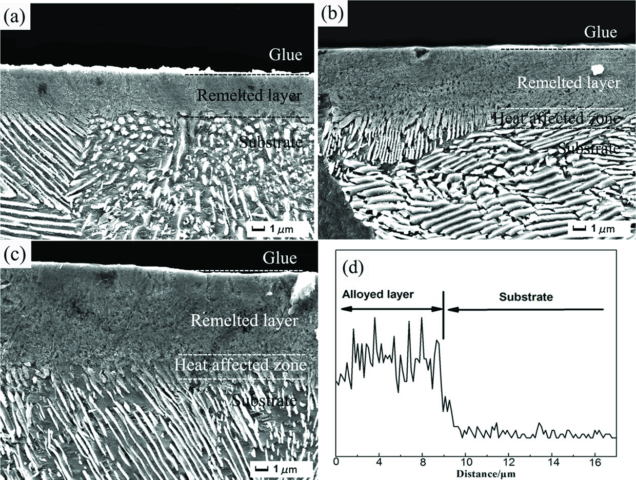 Figure 4: Cross-sectional SEM images of the alloying samples. (a) 10, (b) 20, (c) 30 pulses, and (d) the EDS line scanning of the alloying sample after 30 pulses.