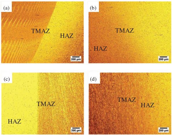 Figure 5 Microstructures of the TMAZ. (a) Cross-section of AS-TMAZ; (b) Cross-section of RS-TMAZ; (c) Top surface of AS-TMAZ; (d) Top surface of RS-TMAZ.