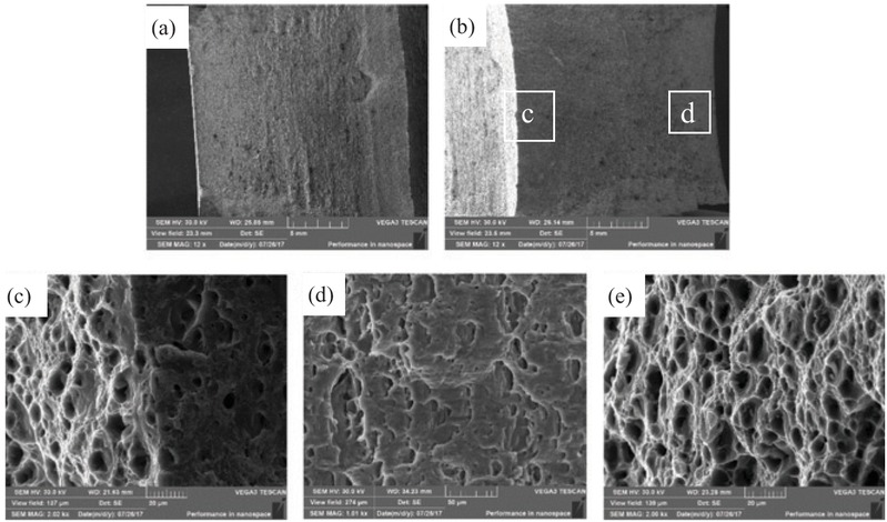 Figure 15 SEM images of test fracture surface of the specimen 2: (a) Top surface area; (b) Centre and bottom surface area.