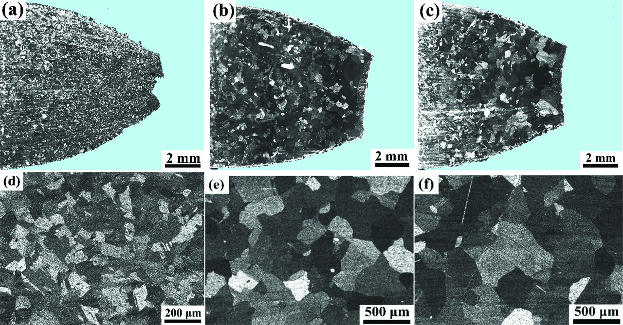Figure 9: The macrostructure and microstructure of the longitudinal sections near the fracture front of alloy B1 specimens strained at different temperatures: (a, d) 1100 °C; (b, e) 1150 °C; (c, f) 1200 °C.
