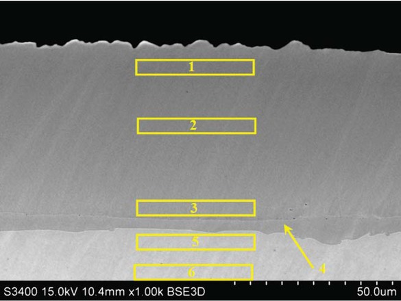 Figure 1 Microstructure on the cross-section of the rhodium modified aluminide coating deposited on pure nickel.