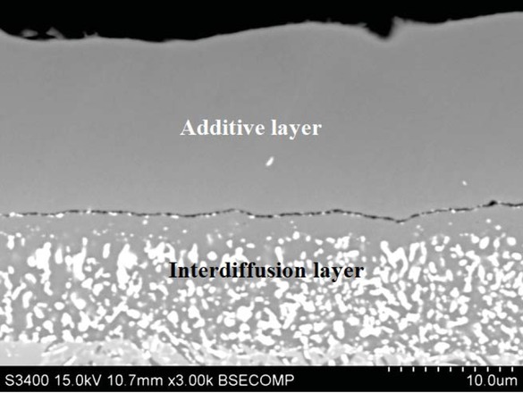 Figure 5 Microstructure on the cross-section of the rhodium modified aluminide coating deposited on CMSX 4 Ni-based superalloy.